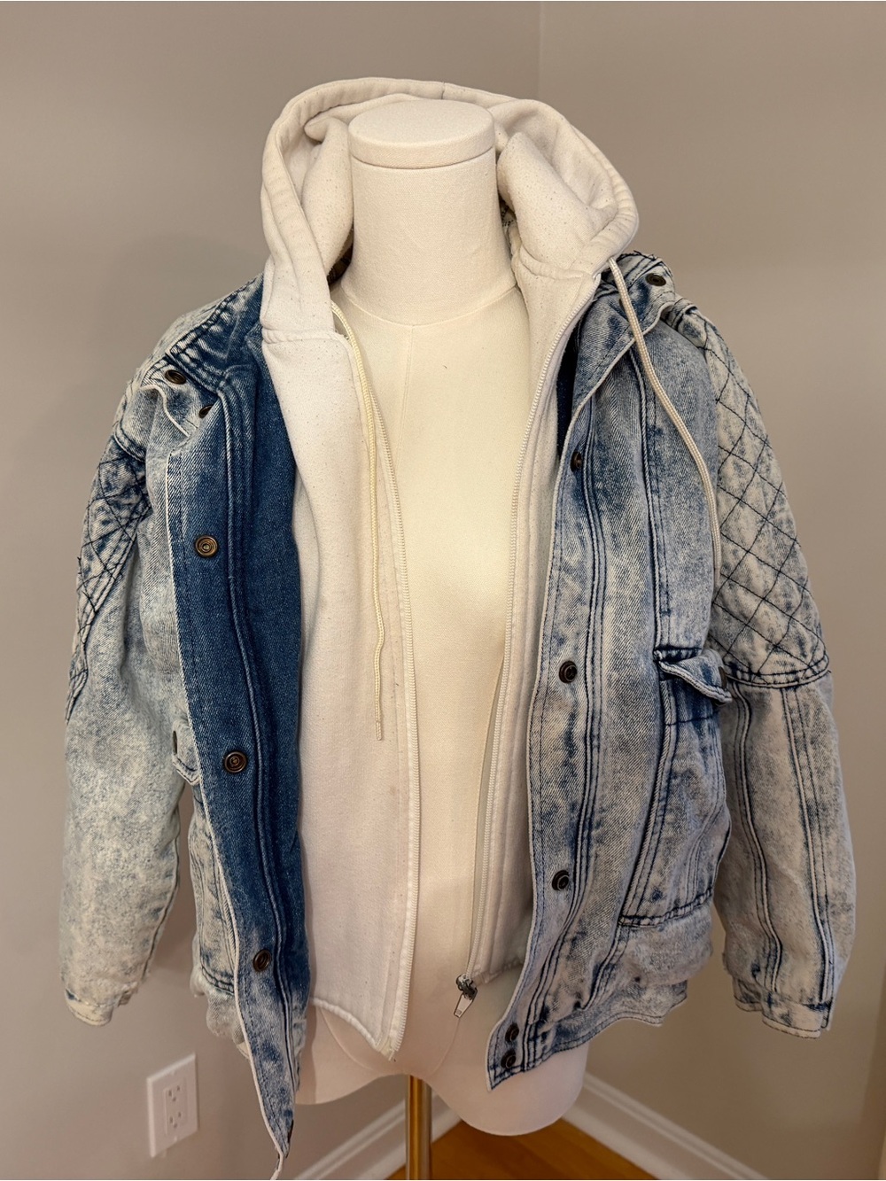 Kids Acid-Wash Denim Jacket with Cream Hooded Liner